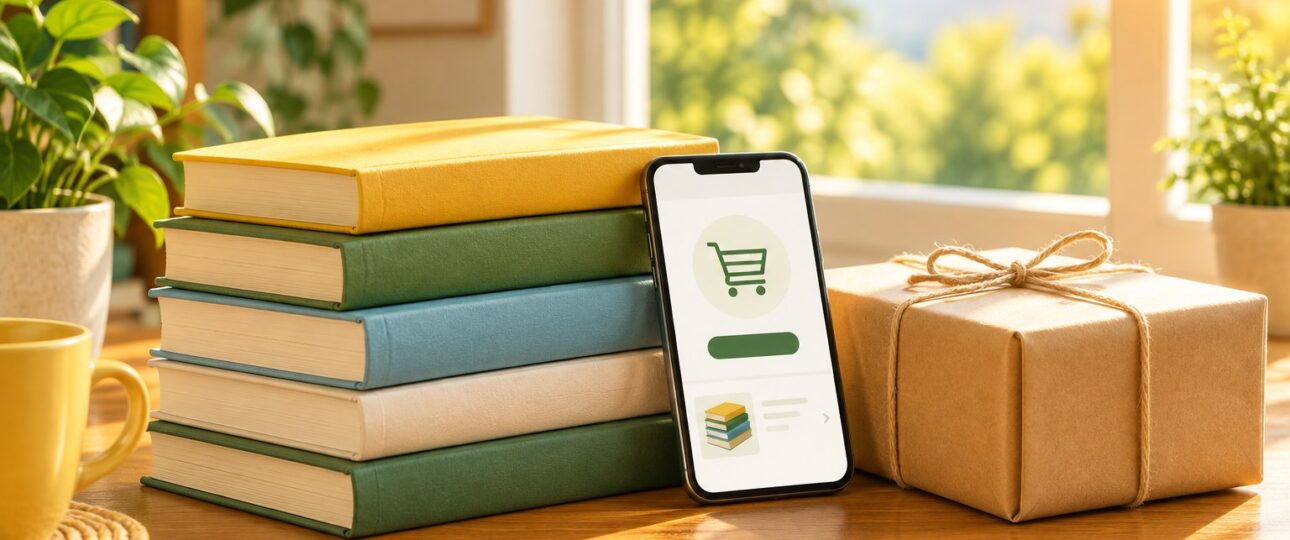 Colorful stack of books beside a smartphone and a parcel, representing buying books online in Nigeria